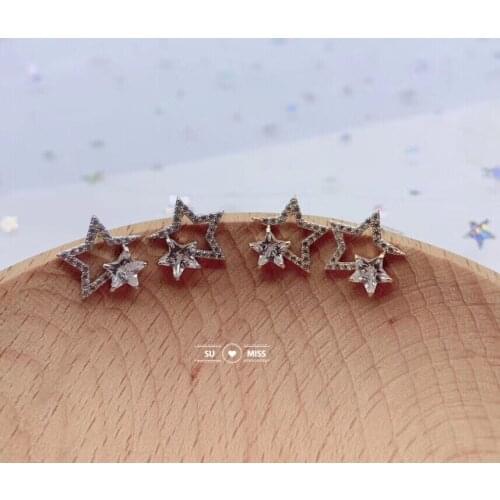 Free Shipping Shiny CZ Stones Crystal Stud Earrings Fashion Double Stars Earrings For Women Girls Statement Ear Jewelry