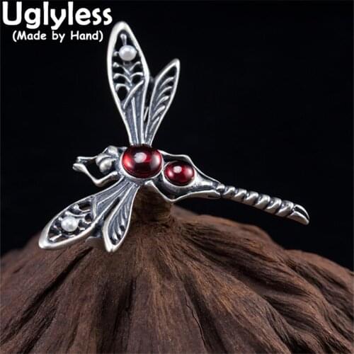 Uglyless Elegant Men Dragonfly Brooches Thai Silver Vintage Insects Pins for Women 925 Silver Garnet Dragonflies Hair Sticks