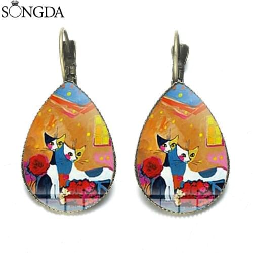 SONGDA Vintage Design Colorful Cat Glass Art Earrings Abstract Art Oil Painting Print Teardrop Dangle Earrings for Women Jewelry