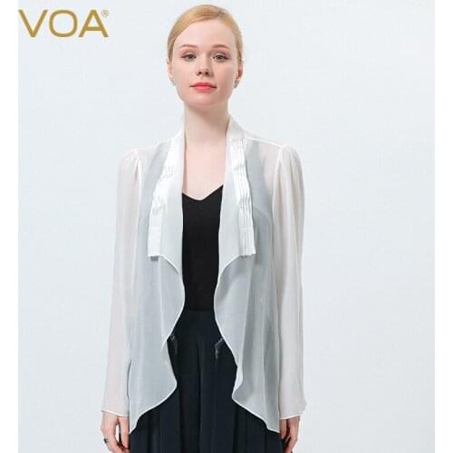 VOA Silk Georgette White Long Sleeved Pleated Cardigan Simple Slightly Transparent Refreshing Lady Sunscreen Shirt WE107