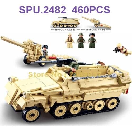 Sluban 0695 460pcs Military K18 105mm Cannon Artillery Half-track Vehicle Ww2 World War Ii Building Blocks 3 Toy