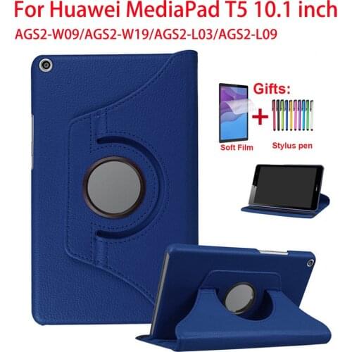 360 Degree Rotating Cover For Huawei MediaPad T5 10 AGS2-W09/L09/L03 10.1 inch T5 10.1 Flip Stand Leather Tablet Case+Film+Pen