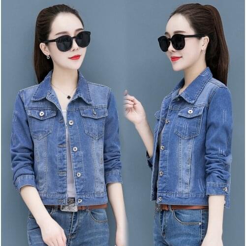 New Spring Autumn Women Coat Plus Size Casual Loose Hole Single Button Pocket Short Jeans Coat For Women Denim Jacket Outerwear