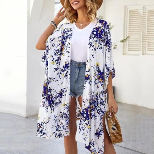 Women Floral Sun Protection Beach Cover Ups Half Sleeve Loose Front Open Coverup Cardigan Blouse