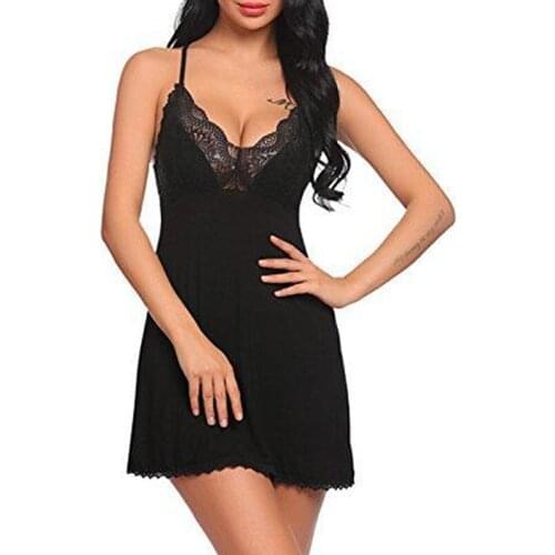 Women Night Dress Sleepwear Nighty Chemise Lace Patchwork Sexy Spaghetti Strap Women G-string Lingerie