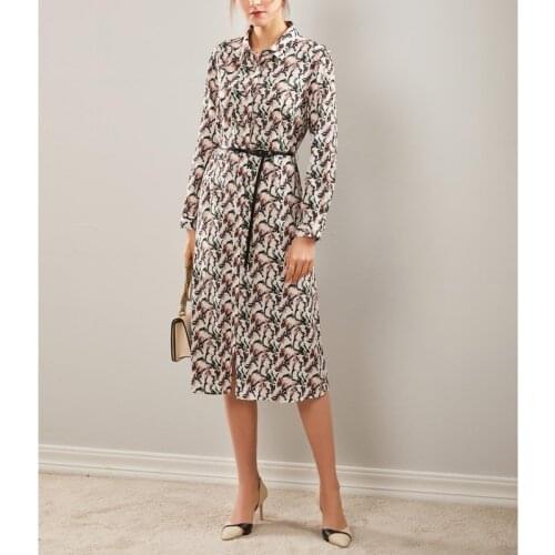 Natural Silk Sashes Dress 100% Mulberry Silk Women Long-sleeve Print Shirt Dresses M L XL FREE SHIPPING