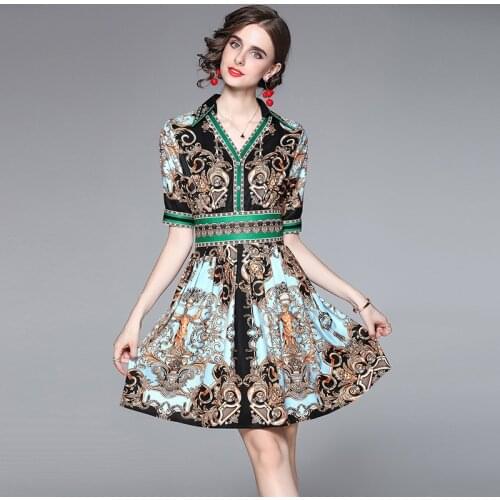 2021 New Summer Dress European Station Womens Fashion Vestidos Lapel Colaor Matching Retro Printing Temperament Slim Midi Dress