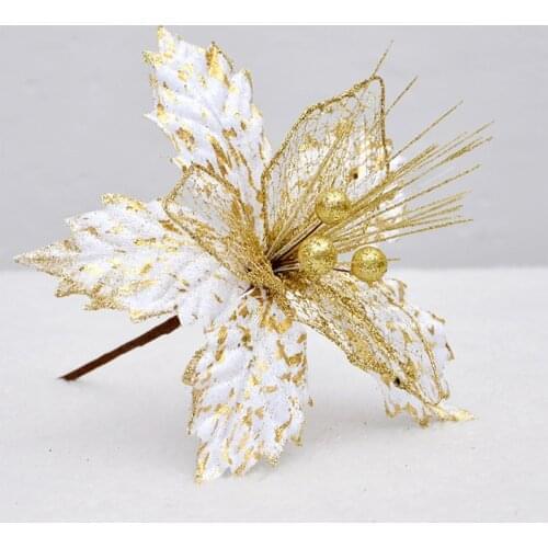 1pcs Artificial Christmas Flower Poinsettia Christmas Tree Decorations Ornaments Red Gold Glitter With Clips winter bridal showe