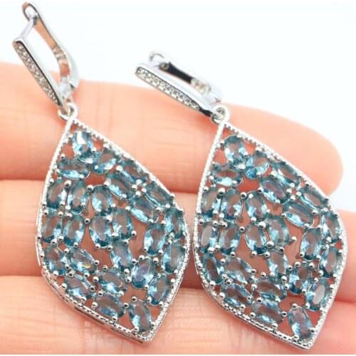 57x23mm Anniversary Long Created London Blue Topaz White CZ For Womans Bride Wedding Silver Earrings