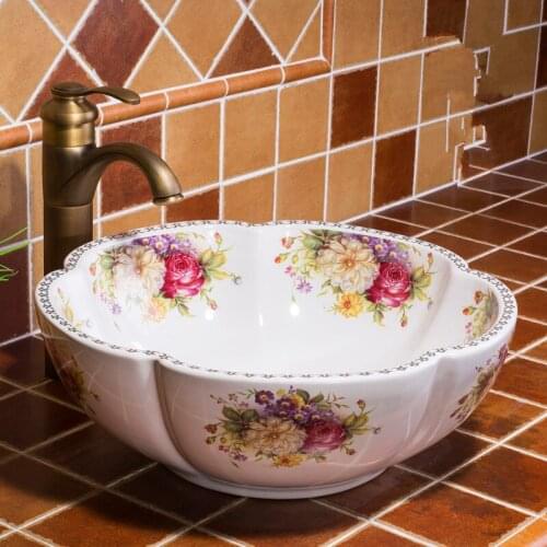 Flower Shape Bathroom Cloakroom Chinese Handmade Europe Vintage Ceramic Lavabo Bathroom Sink wash basin bowl with gold color
