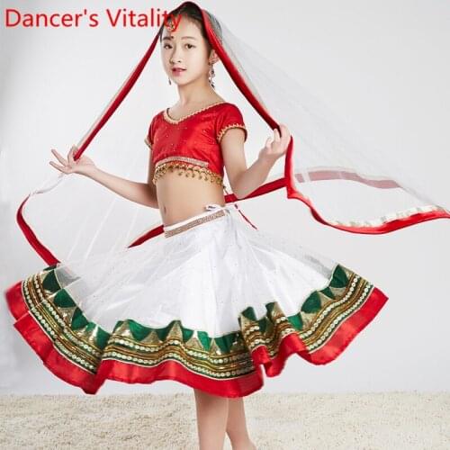 Children Indian Dancing Top Diamond Skirt Veil Underpants 4pcs Set Belly Oriental Dance Competition Performance Costume Garments
