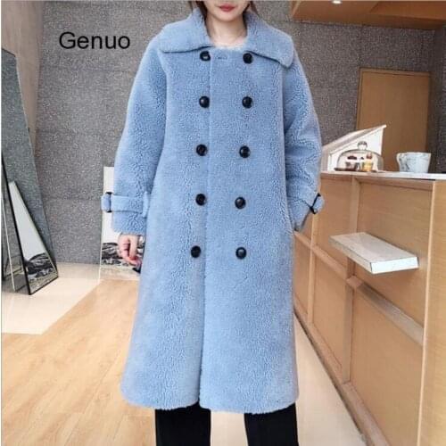 Long Woolen Jacket Fake Sheep Fur Coat Turn Down Collar Womens Coats Faux Sheepskin Female 2020 Winter New Outfit with Belt