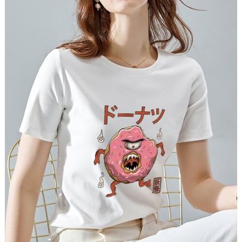 Summer Womens T-shirt Casual Japanese Cartoon Cute Monster Print Commuter Round Neck Polyester Short Sleeve Ladies Soft Top