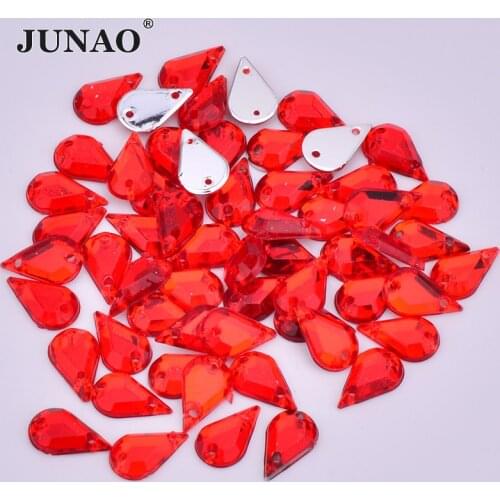 JUNAO 500Pcs 6*10mm Sewing Red Drop Rhinestone Flat Back Crystal Stone Applique Sewn Acrylic Strass Crystal for DIY Crafts