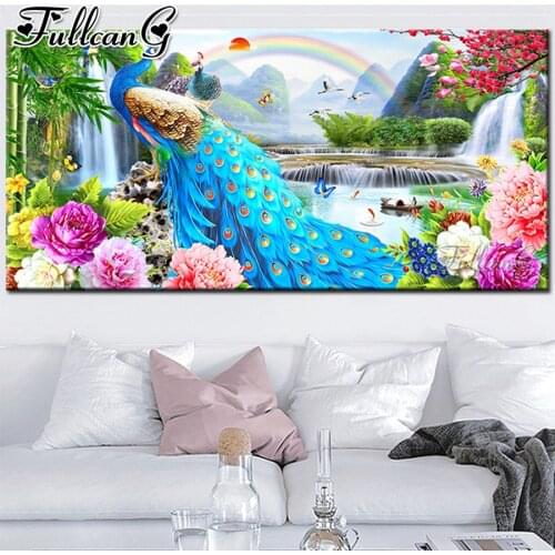 FULLCANG Rainbow Peacock Flower Mountain large diamond painting 5d diy full square round drill mosaic embroidery kits FC3693