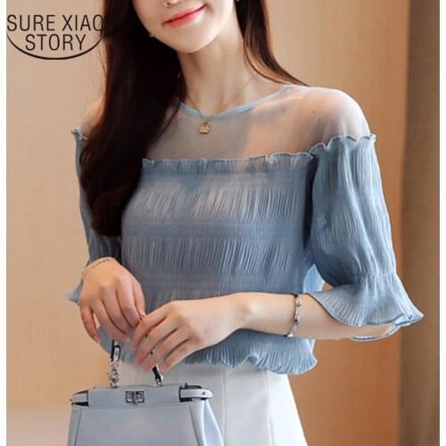 Korean Style Mesh Off-Shoulder Tops Sex Hollow Out Office Lady Shirt Chiffon Blouse Woman Short Sleeve Solid Color 9024 50