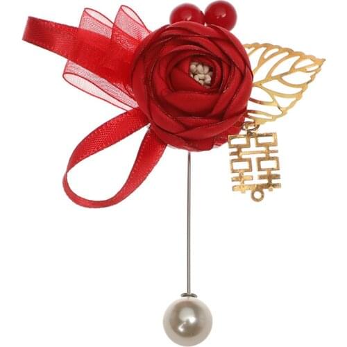 Red Theme Satin Ribbon Handmade Flower Brooch Pin Wedding Party Favor Gifts Aritificial Pearl Bead Brooch Wedding Accessories