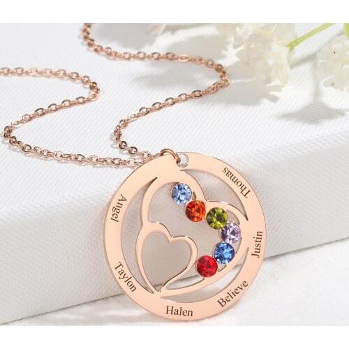 Custom Engraved Name Pendant For Family Personalized Birthstone Name Necklace Round Stainless steel Jewelry Heart Collares Gifts