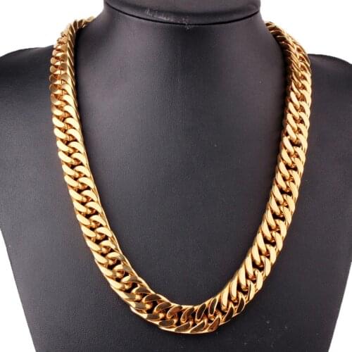 Tiasri Gold Color Fashionable Mens Stainless Steel Necklace Bracelet Heavy Cuban Miami Chain Holiday Gift Punk Hip-hop Boy 15mm