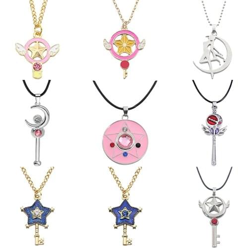 Fashion Anime Pentagram Moon Necklace Cartoon Crystal Angel Wings Key Pendant Choker Student Cosplay Daily Jewelry