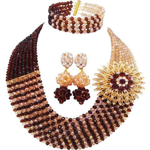 Fashion Brown and Champagne Gold AB Nigerian Wedding African Beads Jewelry Set Crystal Strand Necklace Sets 8JBK06