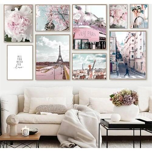 Nordic Pink Flower Wall Art Poster Eiffel Tower Art Print Landscape Quotes Canvas Painting Modern Picture Living Room Home Decor