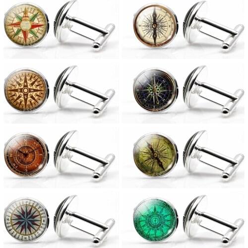 New High Quality Compass Cuff Links,Vintage Glass Cabochon Alloy Cuff Links for Men Shirt Accessories (Its Not A Real Compass)