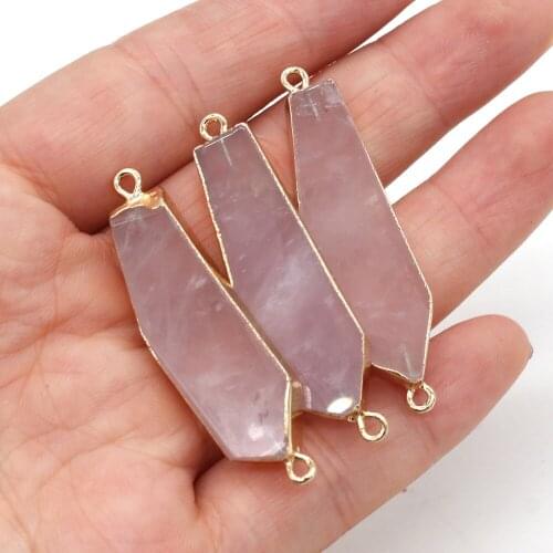 New Natural Stone Rose Pink Quartz Charms Irregular Crystal 2 Hole Connector Pendant for Jewelry Making DIY Bracelet Necklace