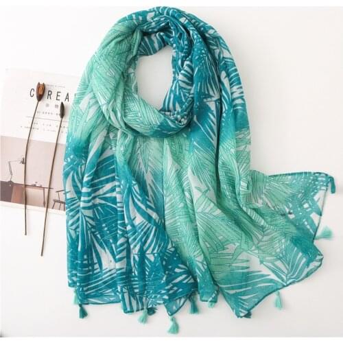 Ins Nordic Style Green Cotton and Linen Scarf Female Sunscreen Shawl Leaf Pattern Tassels Travel Decoration Gauze Scarf