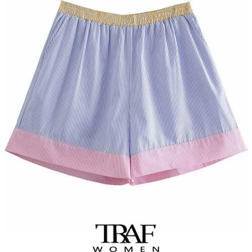TRAF Za Women Fashion Side Pockets Patchwork Striped Bermuda Shorts Vintage High Elastic Waist Female Short Pants Mujer