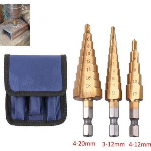 3pcs HSS Titanium Coated Step Drill Bit 4-12 4-20 3-12 Drilling Power Tools Metal High Speed Steel Wood Hole Cutter Cone Drill
