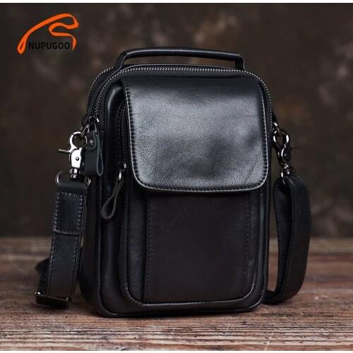 NUPUGOO Mens Shoulder Bag Genuine Leather Casual Messenger Bag High quality leather Youth Small Crossbody For 7.9 Inch Ipad