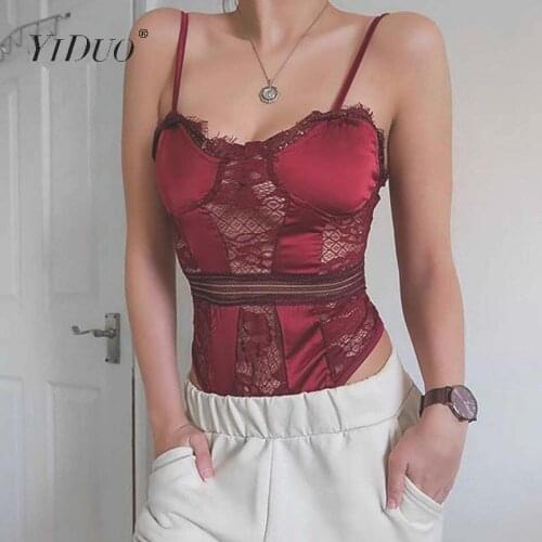 YiDuo satin patchwork hollow out lace bodysuit 2020 body femme sexy jumpsuit for women skinny bodysuits black white hot catsuit
