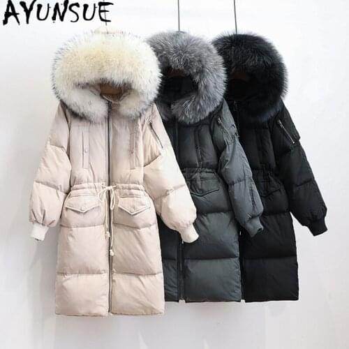 Womens Down Jacket Hooded Coat Female Winter Parkas Real Raccoon Dog Fur Collar Warm White Duck Down Overcoat Mujer Chaqueta