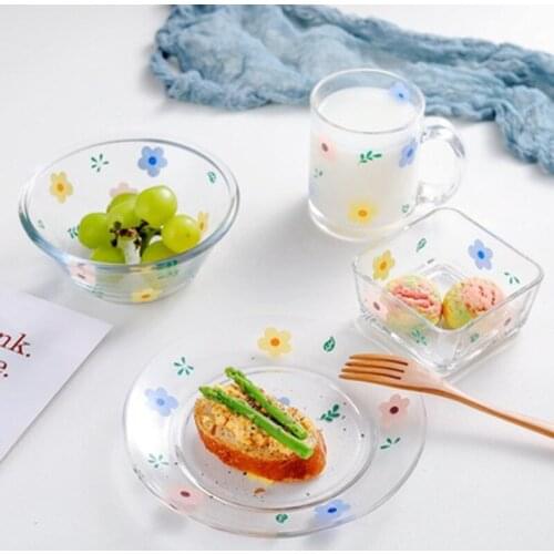 1Pcs New Flower/Strawberry Glass Bowls and Plate Tableware Household Dishs Snack Salad Bowl Fruit Plate Milk Cup Dinnerware Sets