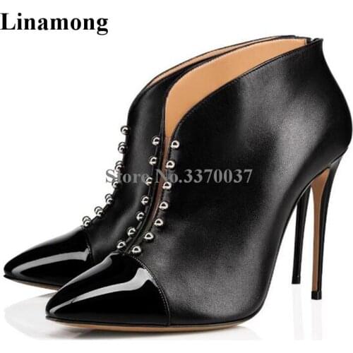 Women Classical Style Pointed Toe Patent Toe Thin Heel Short Boots Back Zipper-up Button Design High Heel Ankle Booties
