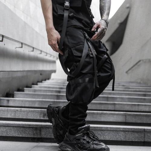 Men black hip hop casual cargo pants elastic waist ribbons streetwear joggers mens slim multi pockets sport trousers