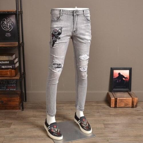 Spring Summer Mens Vintage Bird Embroidery Jeans Pencil Pants Denim Sequined Hole Ripped Stretch Slim Fit Ankle Length Pants