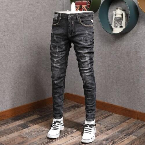 European Vintage Fashion Men Jeans Retro Black Gray Elastic Cotton Slim Fit Ripped Jeans Men Distressed Designer Denim Pants