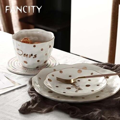 FANCITY 1pc Golden Design Dinner Plate Rice Bowl Ceramic Polka Dots Dinnerware Decorative Breakfast Dish Soup Bowl