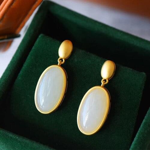 Natural Hetian Jade Egg Noodles Jade Stud Earring Ethnic Style Earrings Retro Elegant Chinese Style Elegant S925 Sterling Silver