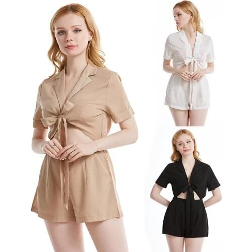 Summer Romper Women Solid Color Jumpsuit V Neck Lace Up Top Short Pants Playsuit
