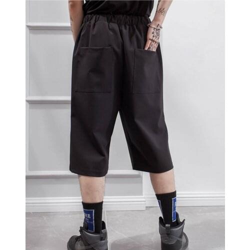 Personality pants fashionable mens Capris casual hairstylist Harlem pants loose Wide Leg Pants Black versatile youth