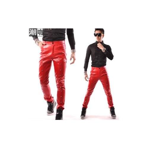 Stage personality men pants red rivet pant men feet trousers singer dance rock fashion pantalon homme street star style novelty