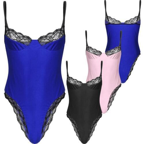 Men Lace Trimming Bodycon Bodysuit Sissy Adjustable Spaghetti Strap Sleeveless Unlined Wireless Bra Leotard Lingerie Underwear