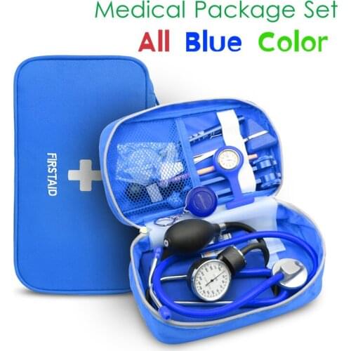 Classic Blue Medical Kits Health Bag Pouch Set with Stethoscope Manometer Tuning Fork Reflex Hammer LED First Aid Penlight Torch