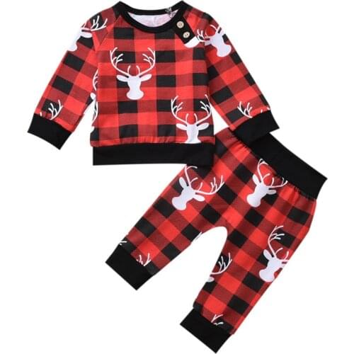 2021 New Baby Child Boys Sweat Suit Christmas Costume Cartoon Deer Print Red And Black Plaid Tops Pants Set 0M-3Y