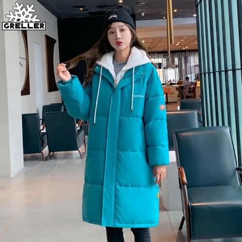 GRELLER 2021 New Snow Wear Long Winter Coat Women Spliced Hooded Warm Parkas Female Hooded Padded Winter Jackets Women Clothing