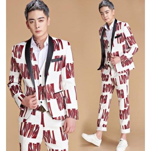 Singer star style dance stage printing red stripe clothing for men groom suit 2020 mens wedding suits costume formal dress