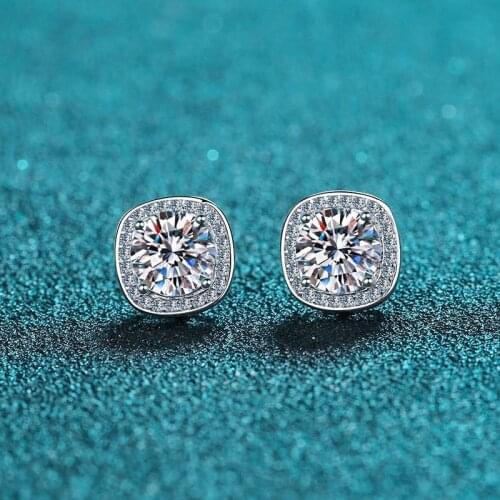 Silver Excellent Cut Diamond Test Passed Total 2 Carat D Color High Clarity Moissanite Cushion Stud Earrings Silver 925 Jewelry